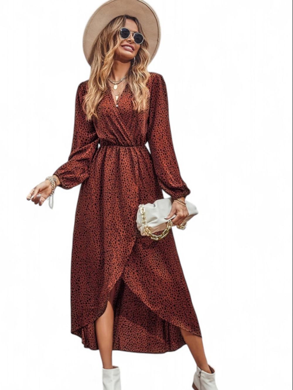 Pretty Garden Rust Brown High-Low Wrap Midi Dress with Long Sleeves